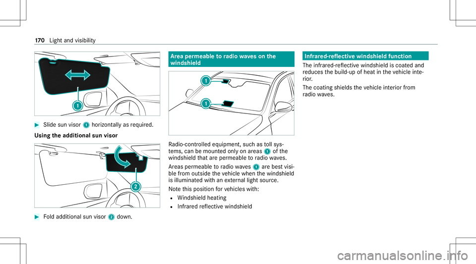 MERCEDES-BENZ GLS SUV 2020  Owners Manual #
Slide sunvis or1 horizont ally as requ ired.
Using thead dit ional sunvisor #
Foldaddition alsun visor 2down. Ar
ea per mea bletoradio wav eson the
wind shield Ra
dio-co ntro lled equipmen t,suc has