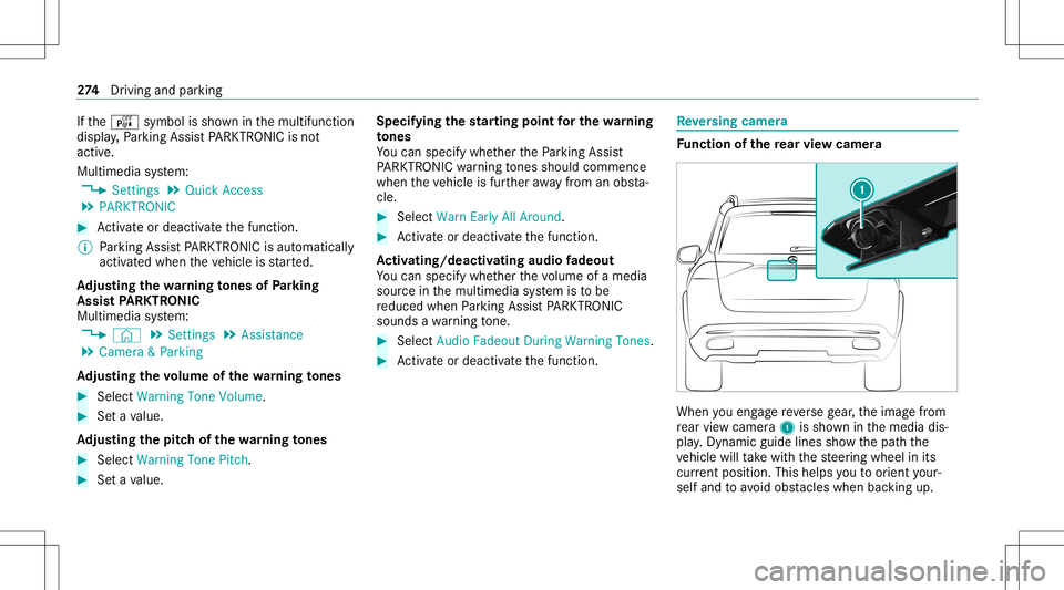 MERCEDES-BENZ GLS SUV 2020 Owners Manual If
th eé symbol issho wninthemultifunc tion
displa y,Pa rking AssistPA RK TRONI Cis no t
act ive.
Mult imed iasystem:
4 Setting s5
Quick Access
5 PARKTRONIC #
Activateor deacti vate thefunc tion.
% P MERCEDES-BENZ GLS SUV 2020 Owners Manual If
th eé symbol issho wninthemultifunc tion
displa y,Pa rking AssistPA RK TRONI Cis no t
act ive.
Mult imed iasystem:
4 Setting s5
Quick Access
5 PARKTRONIC #
Activateor deacti vate thefunc tion.
% P