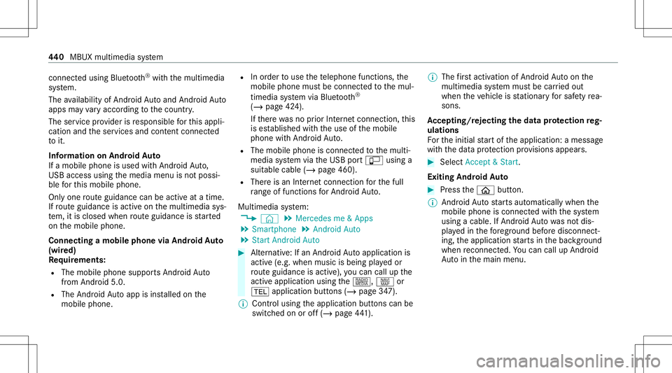 MERCEDES-BENZ GLS SUV 2020 Owners Manual connect
edusing Bluetoo th®
wit hth emultimedia
sy stem.
The availabilit yof An droid Autoand Android Auto
apps mayva ry acc ordin gto thecount ry.
The service prov ider isresponsible forth is appli MERCEDES-BENZ GLS SUV 2020 Owners Manual connect
edusing Bluetoo th®
wit hth emultimedia
sy stem.
The availabilit yof An droid Autoand Android Auto
apps mayva ry acc ordin gto thecount ry.
The service prov ider isresponsible forth is appli