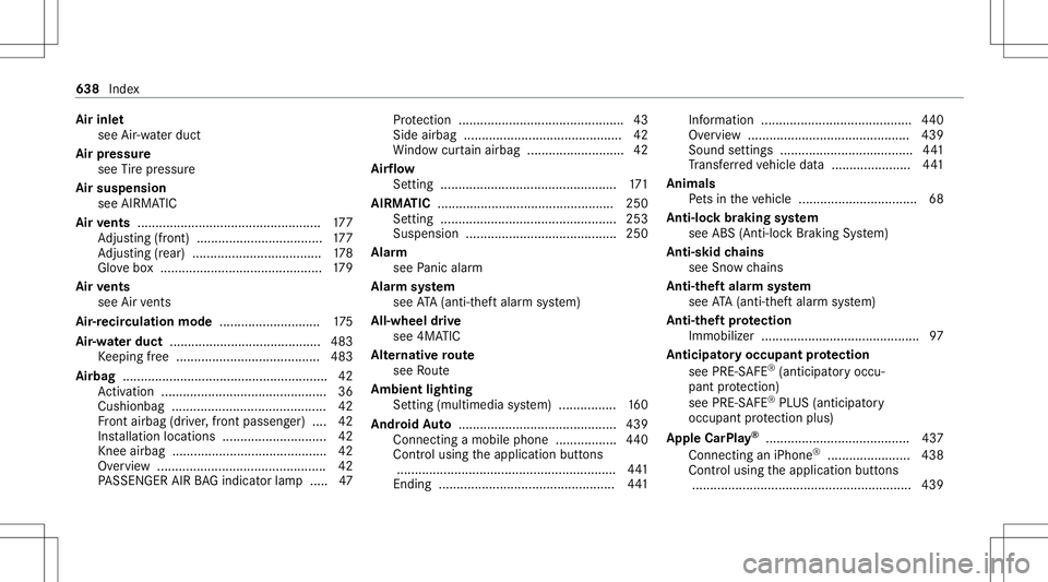 MERCEDES-BENZ GLS SUV 2020 Owners Manual Air
inle t
see Air-water duct
Air pressu re
see Tire pressur e
Air suspension
see AIRMA TIC
Air vents ............... .................................... 177
Ad jus ting (front) ............ ........ MERCEDES-BENZ GLS SUV 2020 Owners Manual Air
inle t
see Air-water duct
Air pressu re
see Tire pressur e
Air suspension
see AIRMA TIC
Air vents ............... .................................... 177
Ad jus ting (front) ............ ........