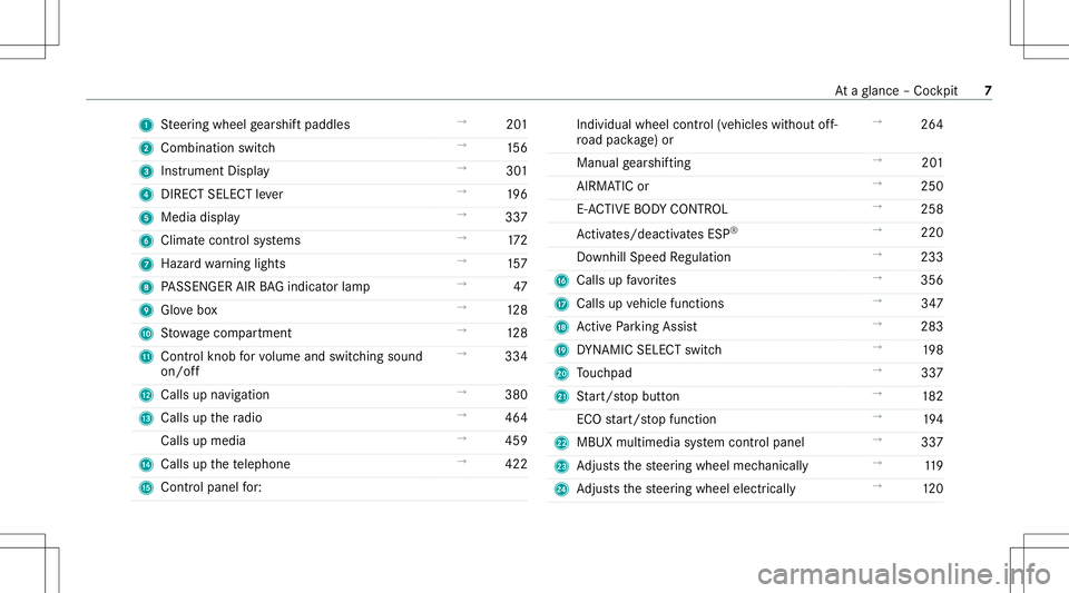 MERCEDES-BENZ GLS SUV 2020  Owners Manual 1
Steer ing wheel gearshif tpaddles →
201
2 Combi nation swit ch →
156
3 Instrument Display →
301
4 DIRECT SELECT leve r →
196
5 Media display →
337
6 Climat econt rolsy stems →
172
7 Haza