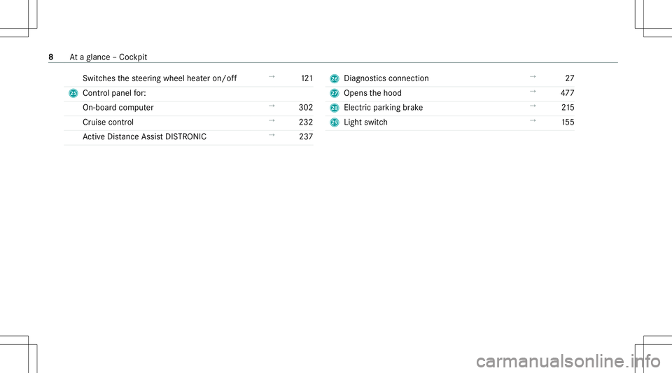 MERCEDES-BENZ GLS SUV 2020  Owners Manual Swi
tches thesteer ing wheel heateron/ off →
121
P Control pan elfor:
On-boar dcom puter →
302
Cr uise control →
232
Ac tiveDis tance AssistDIS TRONI C →
237 Q
Diagno stics con nection →
27
