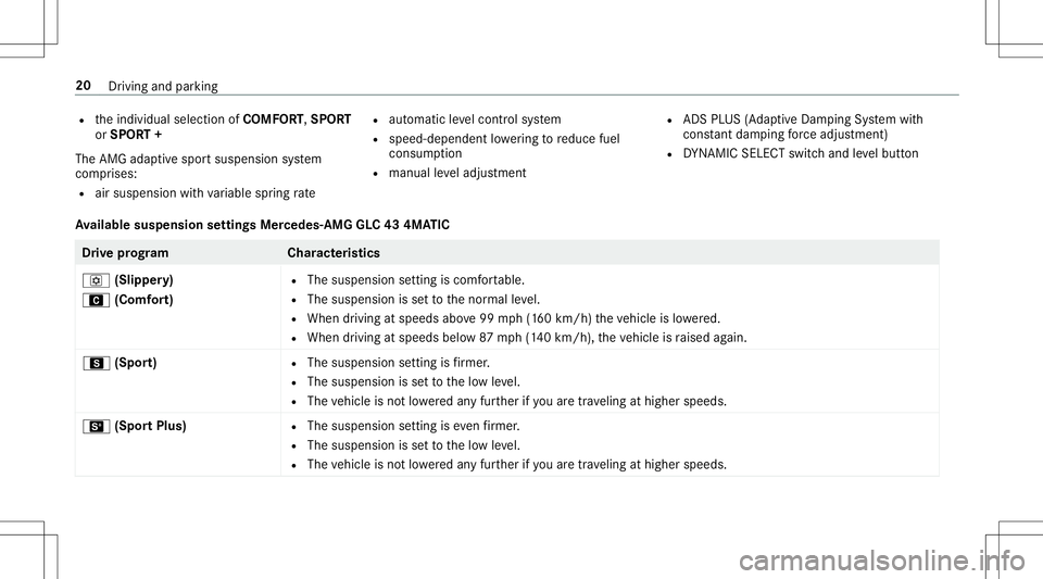 MERCEDES-BENZ GLC COUPE 2020  AMG Owners Guide R
theindividual selectionofCOMF ORT,SPORT
or SPOR T+
The AMG adaptivespor tsuspension system
com prises:
R airsuspension withva riable spring rate R
automat icleve lcon trol system
R speed-depen dentl