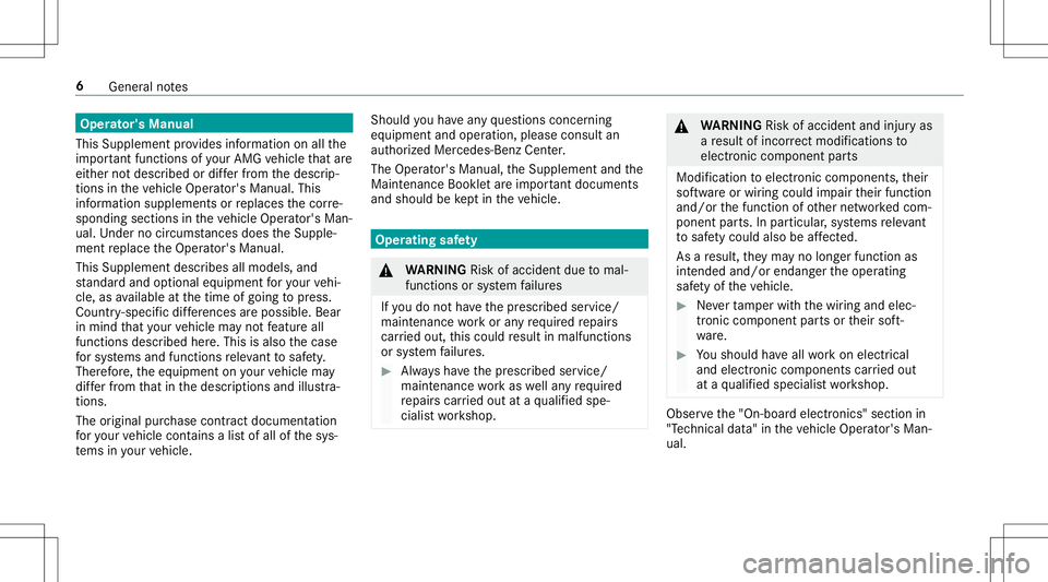 MERCEDES-BENZ GLC COUPE 2020  AMG Owners Manual Oper
ator's Manua l
This Supplement prov ides informatio non allthe
im por tant func tions ofyour AM Gve hicle that are
eit her notdesc ribed ordifferfr om thedescr ip‐
tion sin theve hicle Oper