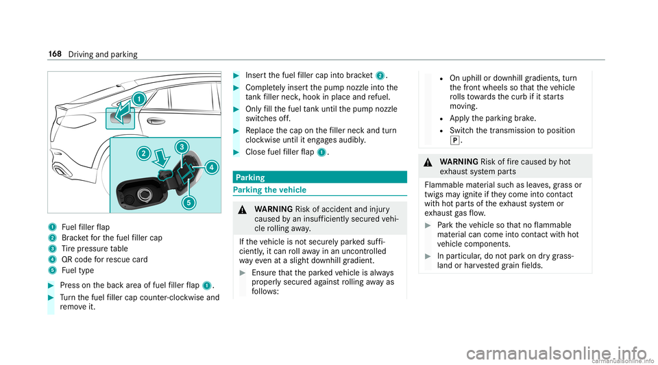 MERCEDES-BENZ GLC COUPE 2020  Owners Manual 1
Fuelfiller flap
2 Brac ketfo rth efuel filler cap
3 Tire pressur eta ble
4 QRcode forre scue card
5 Fueltype #
Press onthebac kar ea offuel filler flap 1. #
Turn thefuel filler cap coun ter-cloc kwi