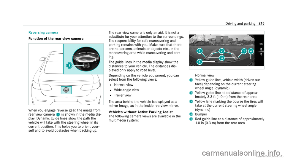 MERCEDES-BENZ GLC COUPE 2020  Owners Manual Re
versing camer a Fu
nction ofthere ar vie wcamer a When
youen gage reve rsege ar,th eimag efrom
re ar vie wcam era1 issho wninthemedia dis‐
pla y.Dyna micguide lines showthepat hth e
ve hicle will