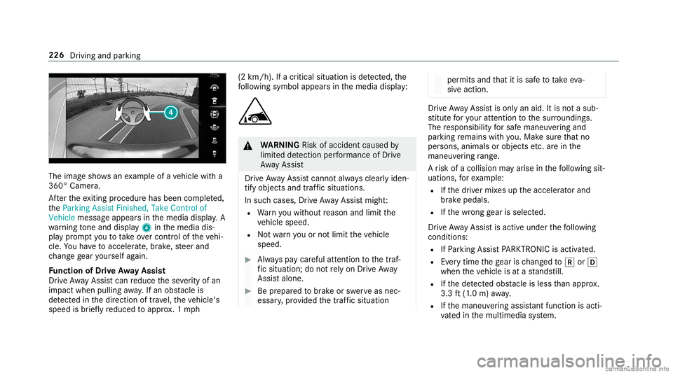 MERCEDES-BENZ GLC COUPE 2020  Owners Manual The
imag esho wsanexam ple ofave hicle witha
360° Camer a.
Af terth eex itin gpr ocedur ehas been completed,
th eParkin gAssist Finished, TakeContr olof
Vehicle messageappear sin themedia display.A
w