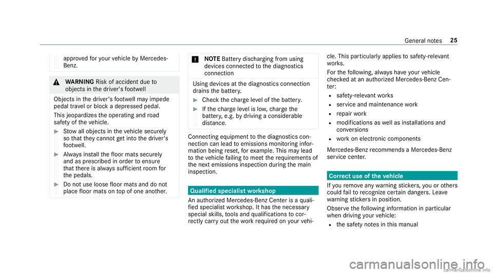 MERCEDES-BENZ GLC COUPE 2020  Owners Manual appr
ovedfo ryo ur vehicle byMer cedes-
Benz . &
WARNIN GRisk ofacci dent dueto
object sin thedr iver's foot we ll
Obj ectsin thedr iver's foot we llma yim pede
pedal trav el or bloc kadepr es