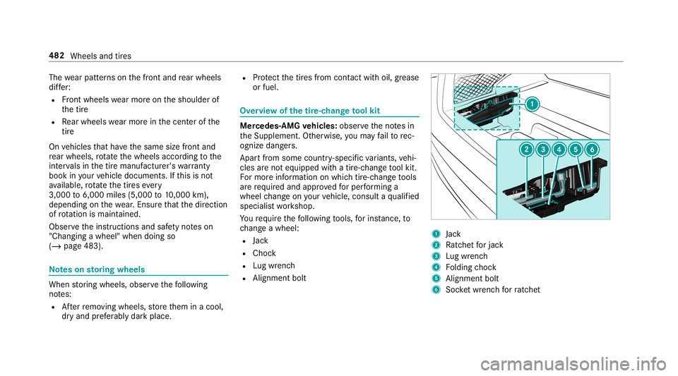 MERCEDES-BENZ GLC COUPE 2020 Owners Manual The
wearpat tern son thefront and rear wheels
dif fer:
R Front wheels wearmor eon theshoulder of
th etir e
R Rear wheels wearmor ein thecent erofthe
tir e
On vehicles that have thesame sizefront and
r MERCEDES-BENZ GLC COUPE 2020 Owners Manual The
wearpat tern son thefront and rear wheels
dif fer:
R Front wheels wearmor eon theshoulder of
th etir e
R Rear wheels wearmor ein thecent erofthe
tir e
On vehicles that have thesame sizefront and
r