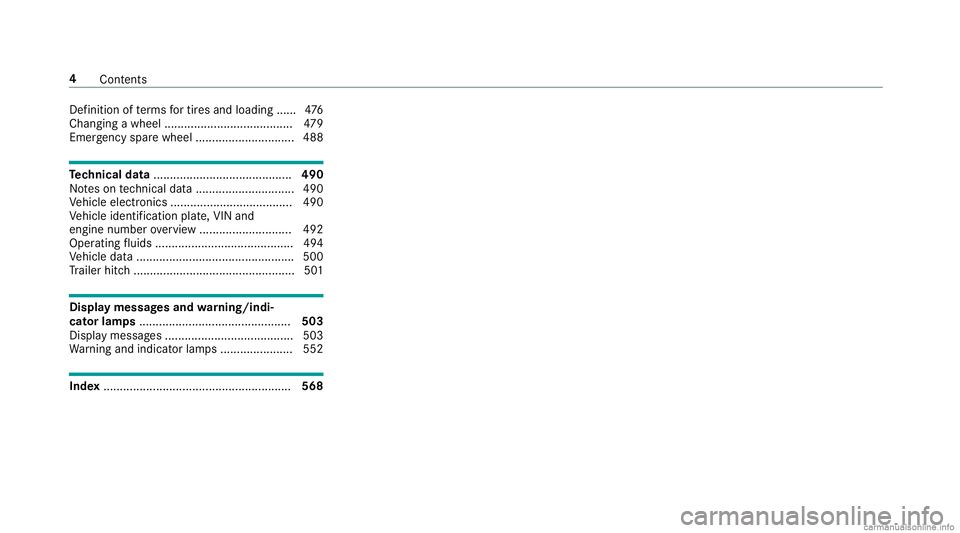 MERCEDES-BENZ GLC COUPE 2020  Owners Manual Def
initio nof term sfo rtir es and loading ...... 476
Chan gingawheel ...... .................................4 79
Emerg encysparewheel .............................. 488 Te
ch nical data............
