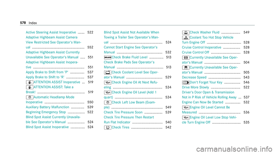 MERCEDES-BENZ GLC COUPE 2020 Owners Manual Ac
tiveSt eer ing Assis tInoperativ e.......5 22
Ad aptiveHig hbeam Assis tCamer a
Vi ew Restrict ed See Operator's Man‐
ua l..... .......... ..................... ...................5 52
Ad apt MERCEDES-BENZ GLC COUPE 2020 Owners Manual Ac
tiveSt eer ing Assis tInoperativ e.......5 22
Ad aptiveHig hbeam Assis tCamer a
Vi ew Restrict ed See Operator's Man‐
ua l..... .......... ..................... ...................5 52
Ad apt
