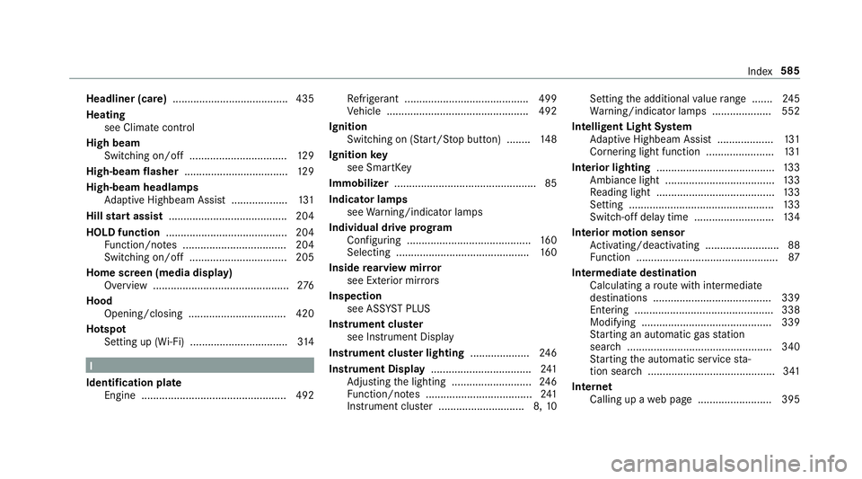 MERCEDES-BENZ GLC COUPE 2020  Owners Manual Headlin
er(car e)...... .................................435
Heating see Climat econtr ol
High beam
Switc hingon/of f...... ........................ ... 129
High-be amflasher .........................
