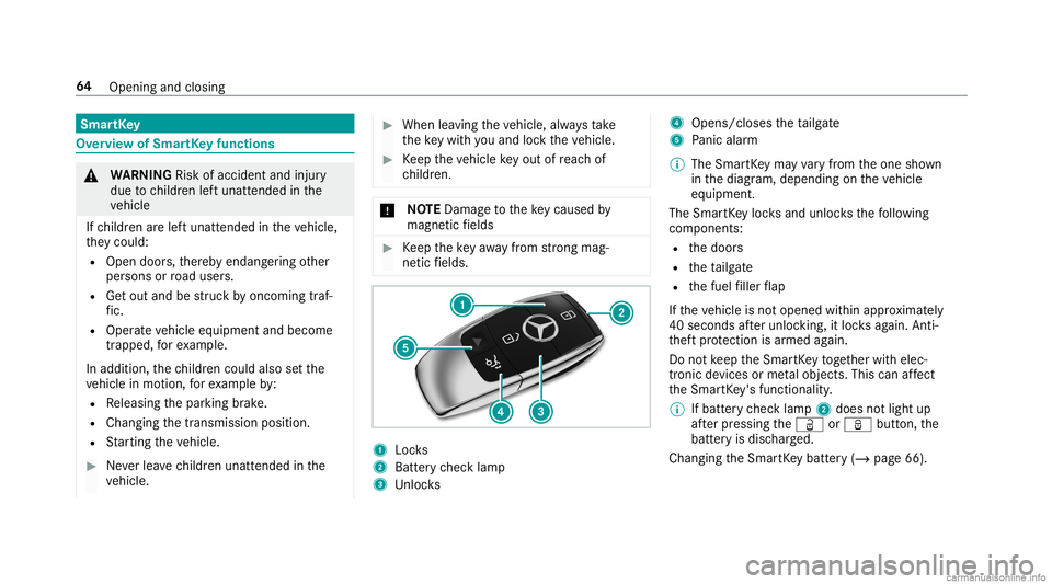 MERCEDES-BENZ GLC COUPE 2020 Owners Manual Smar
tKey Ov
ervie wof Smar tKey functio ns &
WARNIN GRisk ofacci dent andinjury
due tochildr enleftunat tende din the
ve hicle
If ch ildr enarelef tunat tende din theve hicle,
th ey cou ld:
R Ope ndo MERCEDES-BENZ GLC COUPE 2020 Owners Manual Smar
tKey Ov
ervie wof Smar tKey functio ns &
WARNIN GRisk ofacci dent andinjury
due tochildr enleftunat tende din the
ve hicle
If ch ildr enarelef tunat tende din theve hicle,
th ey cou ld:
R Ope ndo