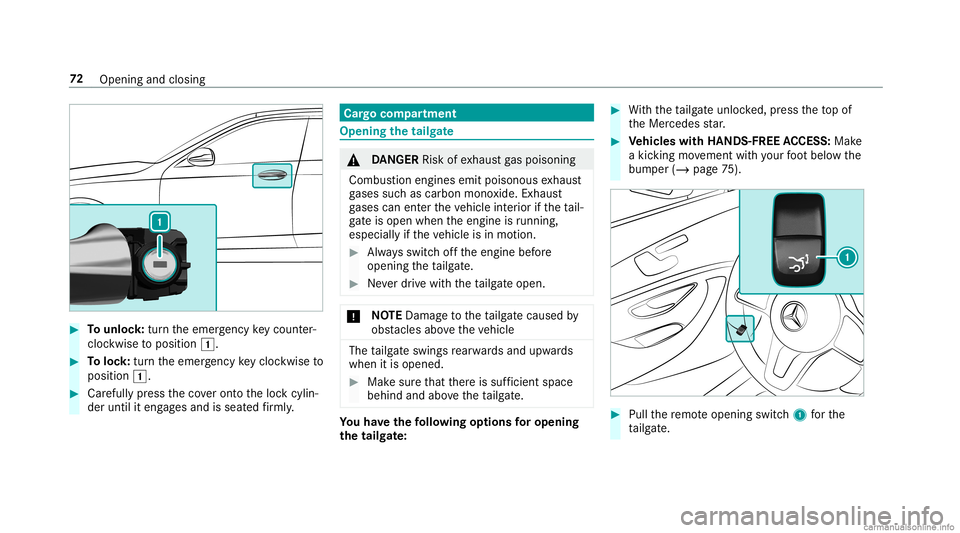 MERCEDES-BENZ GLC COUPE 2020 Manual PDF #
Tounlo ck:tur nth eemer gency keyco unt er-
clo ckwise toposition 0047. #
Toloc k:tur nth eemer gency keyclo ckwise to
position 0047. #
Carefully press theco veront oth eloc kcyli n‐
der until ite
