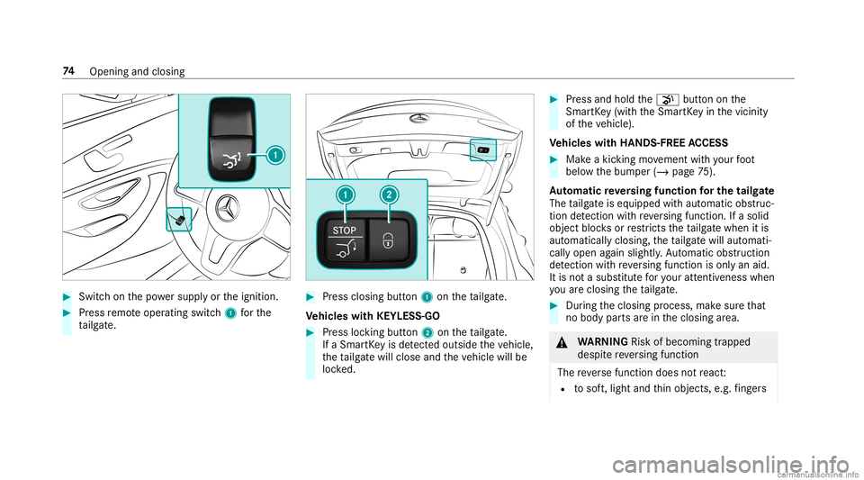 MERCEDES-BENZ GLC COUPE 2020 Manual PDF #
Swi tchon thepo we rsupp lyor theignition . #
Press remo teoper ating switch1 forth e
ta ilg ate. #
Press clos ingbutt on1 ontheta ilg ate.
Ve hicl eswith KEYLESS-GO #
Press locking button2 ontheta 
