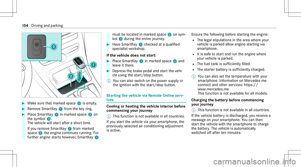 MERCEDES-BENZ GLC SUV 2020  Owners Manual #
Mak esur eth at mar kedspace 2isem pty. #
Remo veSmar tKey 1 from theke yring. #
Place Sma rtKe y1 inmar kedspace 2on
th esymbol 3.
The vehicle willstar taf te ra shor ttime.
If yo ure mo veSmar tKe
