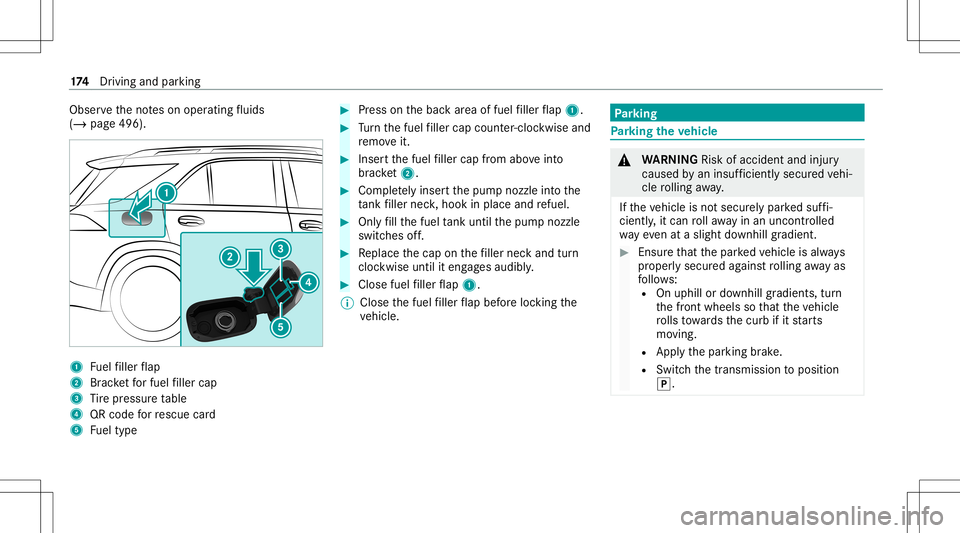MERCEDES-BENZ GLC SUV 2020 Owners Manual Obser
vetheno teson oper ating fluids
(/ page49 6). 1
Fuelfiller flap
2 Brac ketfo rfuel filler cap
3 Tire pressur eta ble
4 QRcode forre scue card
5 Fueltype #
Press onthebac kar ea offuel filler fla MERCEDES-BENZ GLC SUV 2020 Owners Manual Obser
vetheno teson oper ating fluids
(/ page49 6). 1
Fuelfiller flap
2 Brac ketfo rfuel filler cap
3 Tire pressur eta ble
4 QRcode forre scue card
5 Fueltype #
Press onthebac kar ea offuel filler fla