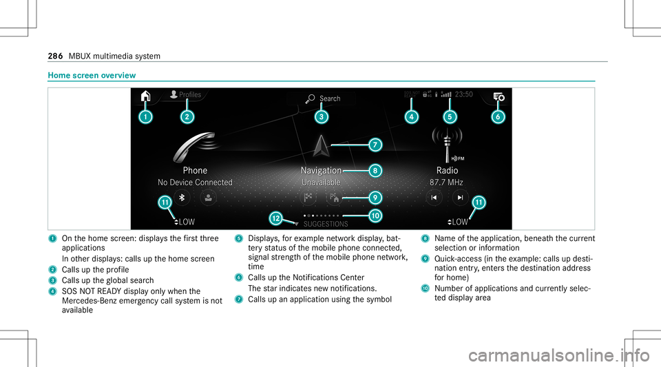 MERCEDES-BENZ GLC SUV 2020 Owners Manual Home
screen overvie w 1
Onthehome screen: displa ysthefirs tth re e
applic ations
In other displa ys:cal lsup thehome screen
2 Calls upthepr ofile
3 Calls uptheglobal search
4 SOS NOTREAD Ydispl ayonl MERCEDES-BENZ GLC SUV 2020 Owners Manual Home
screen overvie w 1
Onthehome screen: displa ysthefirs tth re e
applic ations
In other displa ys:cal lsup thehome screen
2 Calls upthepr ofile
3 Calls uptheglobal search
4 SOS NOTREAD Ydispl ayonl