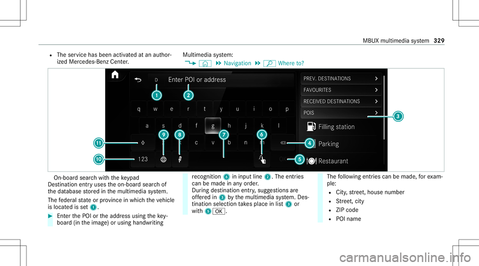 MERCEDES-BENZ GLC SUV 2020  Owners Manual R
The service hasbeen activated atan aut hor‐
ized Mercedes-B enzCent er. Multimedia
system:
4 © 5
Navigation 5
ª Where to? On-
boar dsear chwithth eke ypad
De stinat ionentryuses theon- boar dsea
