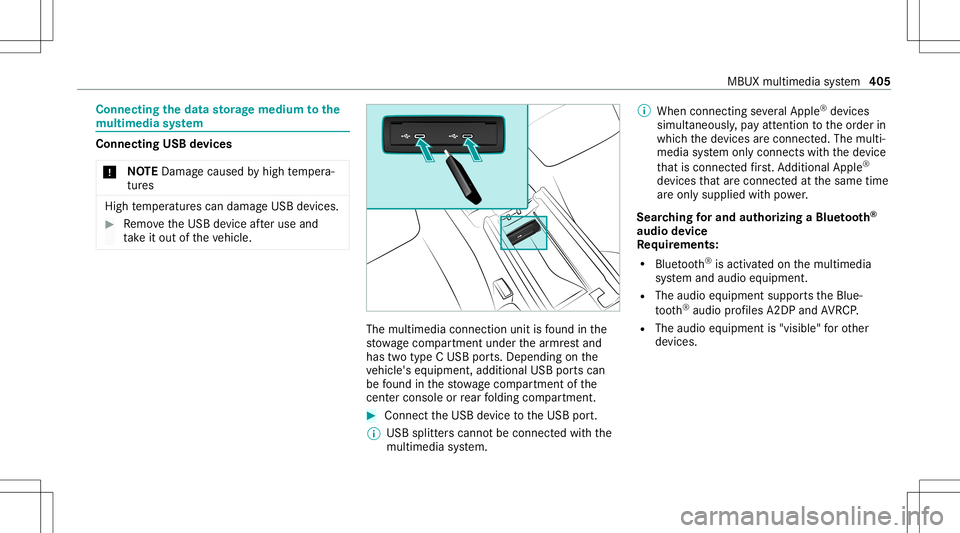 MERCEDES-BENZ GLC SUV 2020 Owners Manual Connect
ingtheda ta sto rage medi umtothe
mu ltim edia system Connecti
ngUSB devices
* NO
TEDama gecau sed byhigh temp era‐
tur es High
temp eratur escan damag eUSB devices. #
Remo vetheUSB device a MERCEDES-BENZ GLC SUV 2020 Owners Manual Connect
ingtheda ta sto rage medi umtothe
mu ltim edia system Connecti
ngUSB devices
* NO
TEDama gecau sed byhigh temp era‐
tur es High
temp eratur escan damag eUSB devices. #
Remo vetheUSB device a