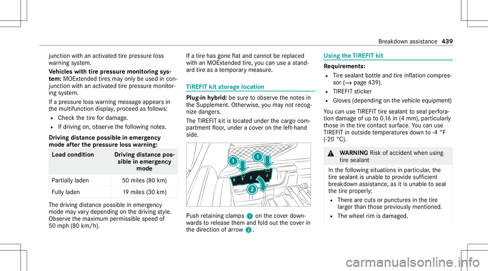 MERCEDES-BENZ GLC SUV 2020  Owners Manual juncti
onwith an act ivat ed tirepr essur eloss
wa rning system.
Ve hicl eswith tirepr ess uremonit oring sys‐
te m: MOExt endedtires ma yonly beused incon‐
junc tionwi th an act ivat ed tirepr es