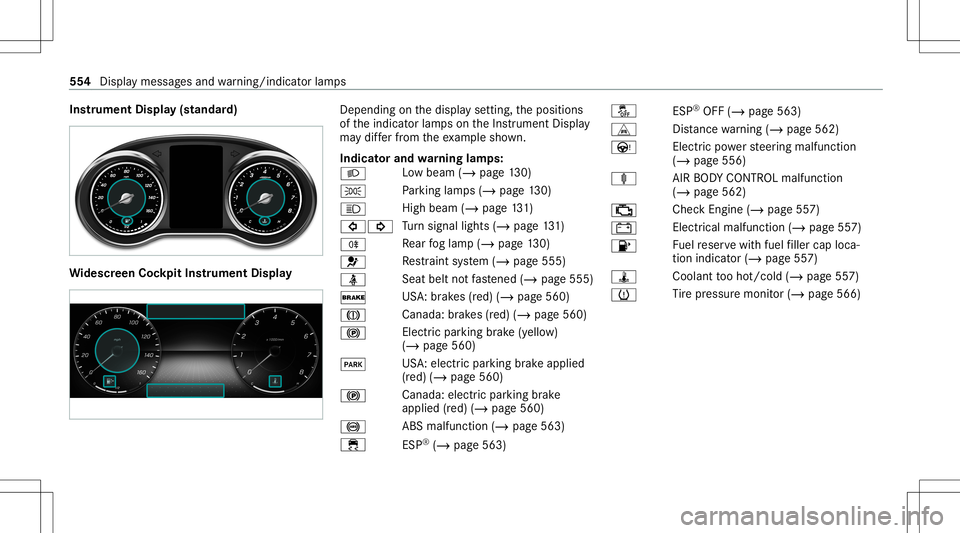 MERCEDES-BENZ GLC SUV 2020  Owners Manual Ins
trum ent Disp lay(s tand ard) Wi
des cree nCo ckpit Instru men tDi spl ay Dep
endingonthedispla yse tting, theposition s
of theindicat orlam pson theIns trument Display
ma ydif ferfr om theex am p