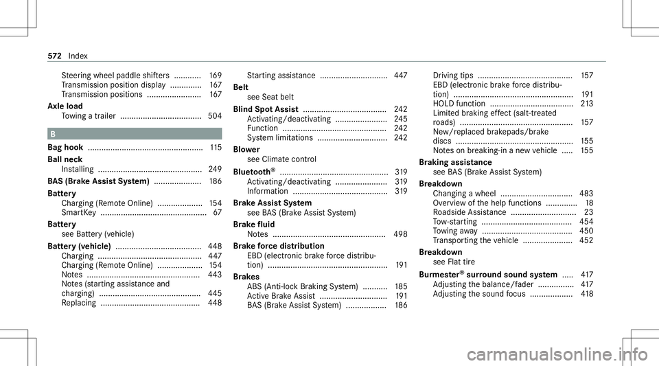 MERCEDES-BENZ GLC SUV 2020  Owners Manual St
eer ing wheel paddle shifters ............ 169
Tr ans miss ionposit iondispla y.............. 167
Tr ans miss ionposit ions........................ 167
Axle load
To wing atrailer .... .............