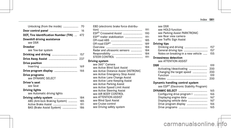 MERCEDES-BENZ GLC SUV 2020 Owners Manual Un
loc kin g(fr om theinside) ...................7 0
Door controlpan el.....................................1 6
DO T,Tire Iden tificat ionNumbe r(TI N) ... 472
Do wnhi lldr ivin gass istance
see DSR
D MERCEDES-BENZ GLC SUV 2020 Owners Manual Un
loc kin g(fr om theinside) ...................7 0
Door controlpan el.....................................1 6
DO T,Tire Iden tificat ionNumbe r(TI N) ... 472
Do wnhi lldr ivin gass istance
see DSR
D
