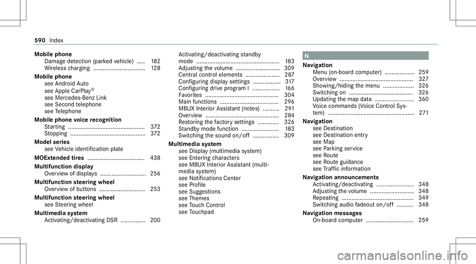 MERCEDES-BENZ GLC SUV 2020 Owners Manual Mobi
lephone
Damag ede tection (parked vehicle) ..... 182
Wi reless chargin g................................ 128
Mobi lephone
see Andr oidAuto
see Apple CarPla y®
see Mercedes-Benz Link
see Second t MERCEDES-BENZ GLC SUV 2020 Owners Manual Mobi
lephone
Damag ede tection (parked vehicle) ..... 182
Wi reless chargin g................................ 128
Mobi lephone
see Andr oidAuto
see Apple CarPla y®
see Mercedes-Benz Link
see Second t