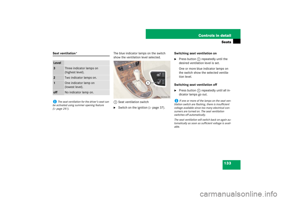 MERCEDES-BENZ E350 4MATIC WAGON 2007 S211 Owners Manual 133 Controls in detailSeats
Seat ventilation*The blue indicator lamps on the switch 
show the ventilation level selected.
1Seat ventilation switch

Switch on the ignition (
page 37).Switching seat v