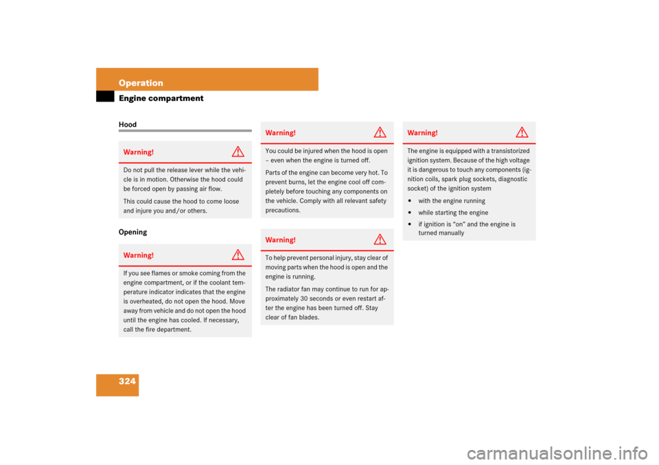 MERCEDES-BENZ E63AMG WAGON 2007 S211 Owners Manual 324 OperationEngine compartmentHood
OpeningWarning!
G
Do not pull the release lever while the vehi-
cle is in motion. Otherwise the hood could 
be forced open by passing air flow.
This could cause the