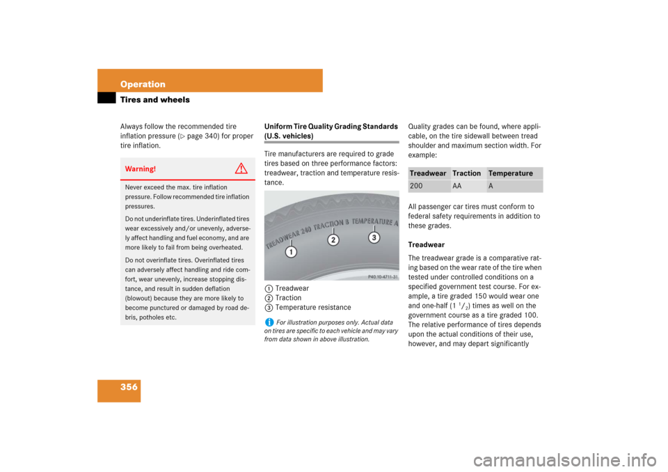MERCEDES-BENZ E350 4MATIC WAGON 2007 S211 Owners Guide 356 OperationTires and wheelsAlways follow the recommended tire 
inflation pressure (
page 340) for proper 
tire inflation. Uniform Tire Quality Grading Standards 
(U.S. vehicles)
Tire manufacturers 