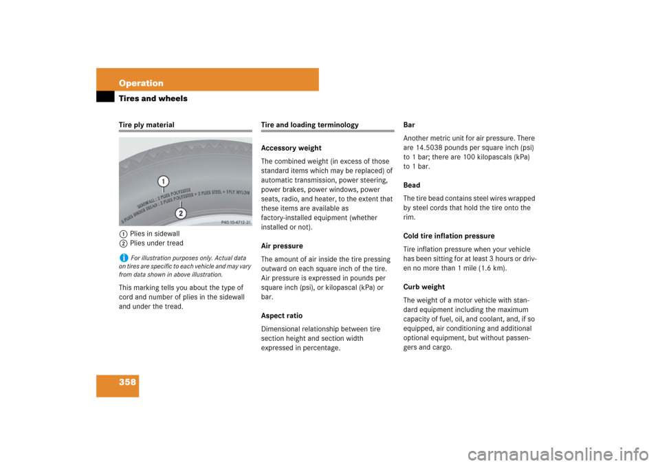 MERCEDES-BENZ E350 4MATIC WAGON 2007 S211 Owners Manual 358 OperationTires and wheelsTire ply material
1Plies in sidewall
2Plies under tread
This marking tells you about the type of 
cord and number of plies in the sidewall 
and under the tread.
Tire and l