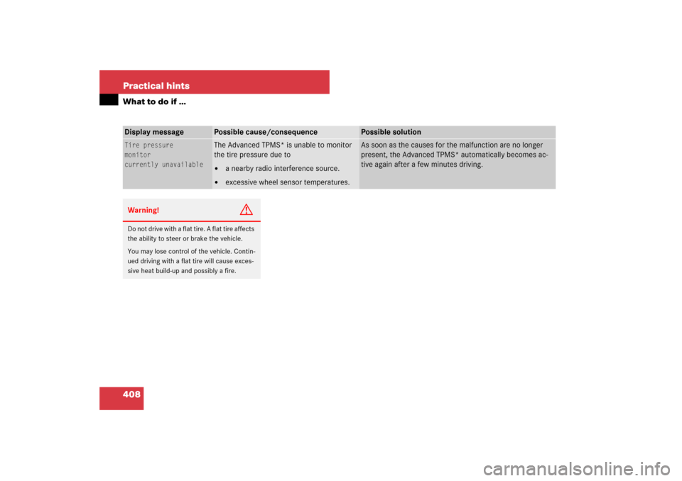 MERCEDES-BENZ E350 4MATIC WAGON 2007 S211 Owners Guide 408 Practical hintsWhat to do if …Display message
Possible cause/consequence
Possible solution
Tire pressure
monitor
currently unavailable
The Advanced TPMS* is unable to monitor 
the tire pressure 
