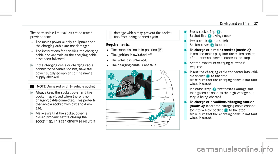 MERCEDES-BENZ GLC SUV 2020 Hybrid Owners Guide The
permissible limitvalues areobser ved
pr ov ided that:
R The main spo we rsupp lyeq uip ment and
th ech argin gcable areno tdamag ed.
R The instruct ionsfo rhandl ingthech argin g
cable andcontrols MERCEDES-BENZ GLC SUV 2020 Hybrid Owners Guide The
permissible limitvalues areobser ved
pr ov ided that:
R The main spo we rsupp lyeq uip ment and
th ech argin gcable areno tdamag ed.
R The instruct ionsfo rhandl ingthech argin g
cable andcontrols