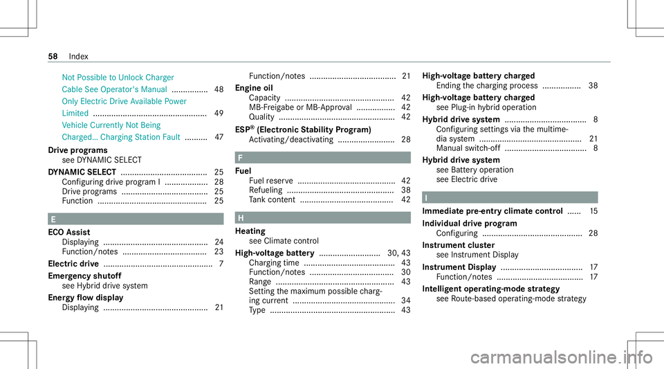 MERCEDES-BENZ GLC SUV 2020 Hybrid Owners Manual No
tPo ssible toUn loc kChar ger
Cable SeeOperat or'sMan ual................ 48
On lyEle ctricDr ive Av ailable Powe r
Limit ed.................................................. 49
Ve hicle Curren MERCEDES-BENZ GLC SUV 2020 Hybrid Owners Manual No
tPo ssible toUn loc kChar ger
Cable SeeOperat or'sMan ual................ 48
On lyEle ctricDr ive Av ailable Powe r
Limit ed.................................................. 49
Ve hicle Curren