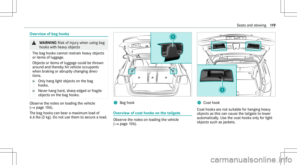 MERCEDES-BENZ GLB SUV 2020  Owners Manual Ov
ervie wof bag hook s &
WARNIN GRisk ofinju rywhen usingbag
hook swit hhea vyobj ect s
The bag hook scan notre stra in hea vyobje cts
or items oflugg age.
Obj ectsor items oflugg agecould bethrow n
