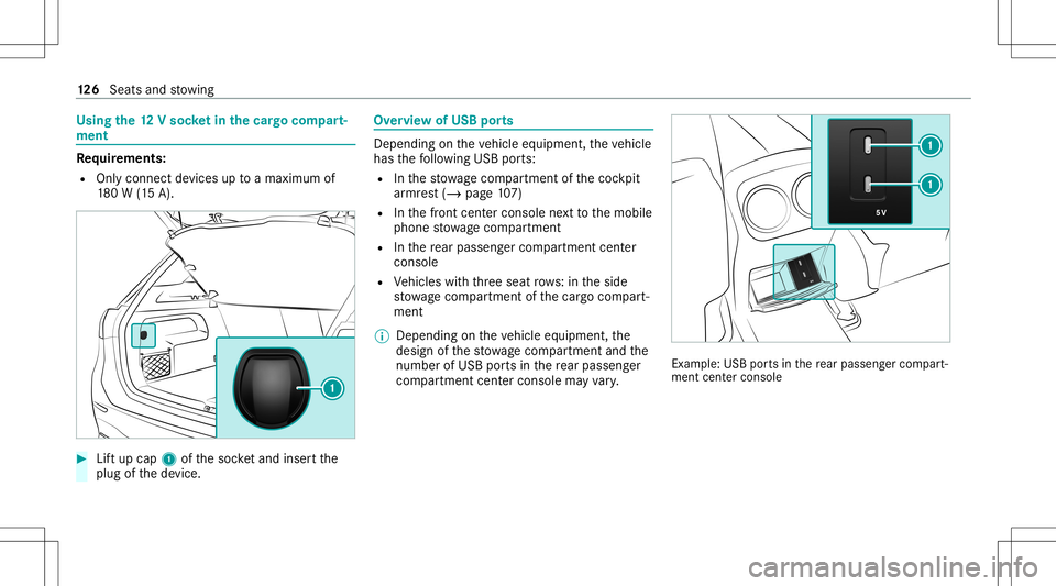 MERCEDES-BENZ GLB SUV 2020  Owners Manual Using
the12 Vso cket inthecar gocom part‐
men t Re
quirement s:
R Onlycon nectde vices uptoamax imum of
18 0W (15 A). #
Liftup cap 1ofthesoc ketand insertth e
plug ofthede vice. Ov
ervie wof USB por