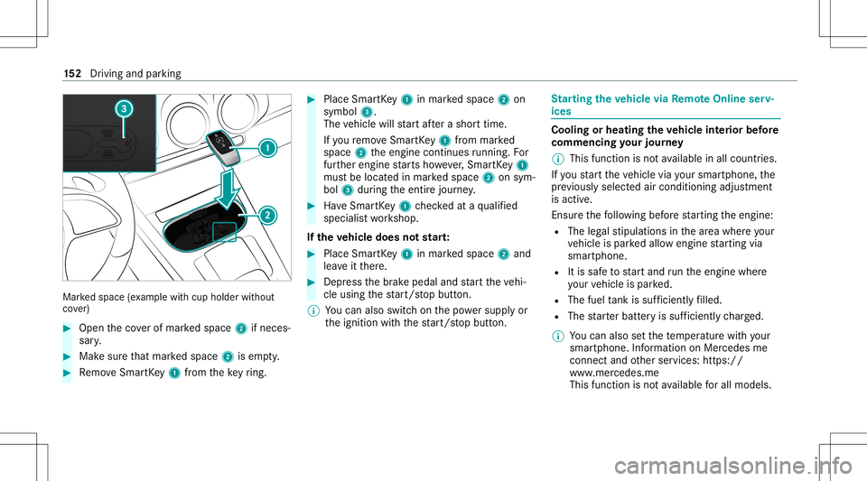 MERCEDES-BENZ GLB SUV 2020  Owners Manual Mar
kedspace (exa mp lewit hcup holder without
co ver) #
Open theco verof mar kedspace 2ifnec es‐
sar y. #
Mak esur eth at mar kedspace 2isem pty. #
Remo veSmar tKey 1 from theke yring. #
Place Sma 