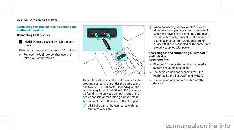 MERCEDES-BENZ GLB SUV 2020 Owners Manual Connect
ingtheda ta sto rage medi umtothe
mu ltim edia system Connecti
ngUSB devices
* NO
TEDama gecau sed byhigh temp era‐
tur es High
temp eratur escan damag eUSB devices. #
Remo vetheUSB device a MERCEDES-BENZ GLB SUV 2020 Owners Manual Connect
ingtheda ta sto rage medi umtothe
mu ltim edia system Connecti
ngUSB devices
* NO
TEDama gecau sed byhigh temp era‐
tur es High
temp eratur escan damag eUSB devices. #
Remo vetheUSB device a