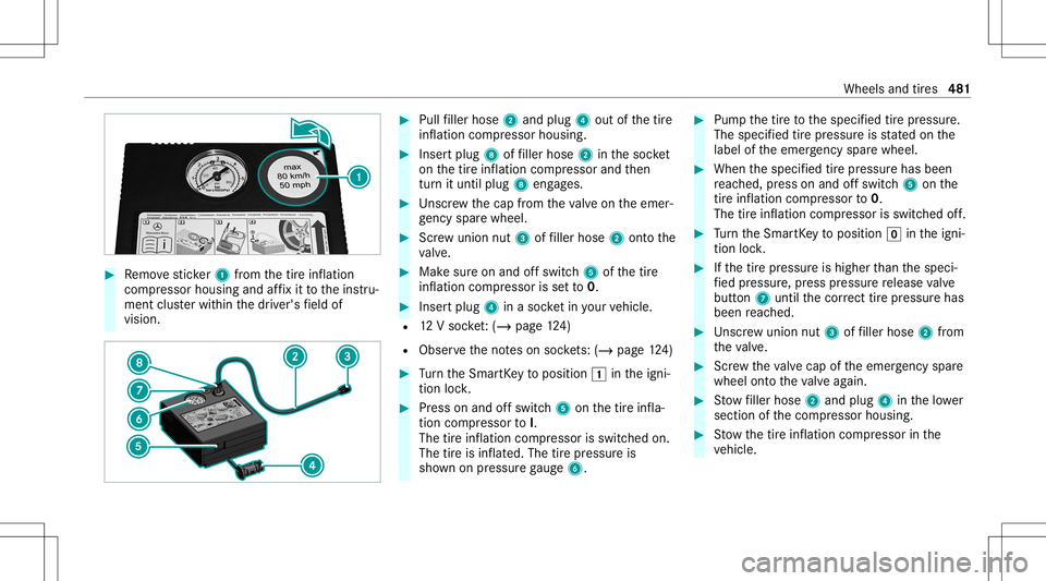 MERCEDES-BENZ GLB SUV 2020  Owners Manual #
Remo vesticke r1 from thetir einf lation
com pressor housing andaffix it to theins tru‐
ment clusterwit hin thedr iver's field of
vision. #
Pull filler hose 2and plug 4out ofthetir e
inf latio