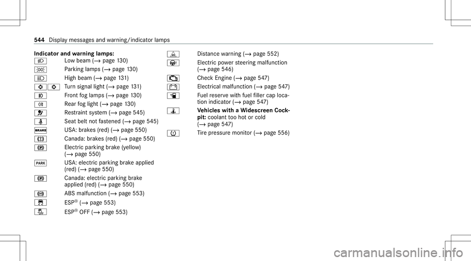 MERCEDES-BENZ GLB SUV 2020 Owners Manual Indi
catorand warning lam ps:
0058 Lo
wbeam (/page13 0)
0060 Pa
rking lam ps(/ page13 0)
0057 Hi
gh beam (/ page13 1)
003E003D Tu
rn signal light(/page13 1)
005A Fr
ont foglam ps(/ page13 0)
005E Re
a MERCEDES-BENZ GLB SUV 2020 Owners Manual Indi
catorand warning lam ps:
0058 Lo
wbeam (/page13 0)
0060 Pa
rking lam ps(/ page13 0)
0057 Hi
gh beam (/ page13 1)
003E003D Tu
rn signal light(/page13 1)
005A Fr
ont foglam ps(/ page13 0)
005E Re
a