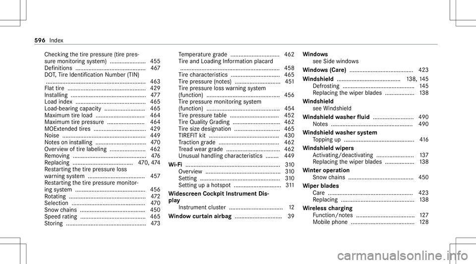 MERCEDES-BENZ GLB SUV 2020 Owners Manual Chec
kingth etir epr essur e(tir epr es‐
sur emonit oring system) ......................4 55
Def initio ns....... ................................... .467
DO T,Tire Identif ication Number (TIN)
.... MERCEDES-BENZ GLB SUV 2020 Owners Manual Chec
kingth etir epr essur e(tir epr es‐
sur emonit oring system) ......................4 55
Def initio ns....... ................................... .467
DO T,Tire Identif ication Number (TIN)
....