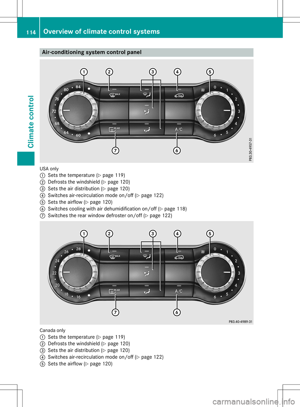 MERCEDES-BENZ GLA SUV 2020 Owners Manual Air
-con ditionin gsys tem controlpanel US
Aon ly
0043 Setsthete mpe rature (Ypage 119)
0044 Defrost sth ewin dsh ield (Ypage 120)
0087 Setstheair dist ribution (Ypage 120)
0085 Switches air-recircula MERCEDES-BENZ GLA SUV 2020 Owners Manual Air
-con ditionin gsys tem controlpanel US
Aon ly
0043 Setsthete mpe rature (Ypage 119)
0044 Defrost sth ewin dsh ield (Ypage 120)
0087 Setstheair dist ribution (Ypage 120)
0085 Switches air-recircula