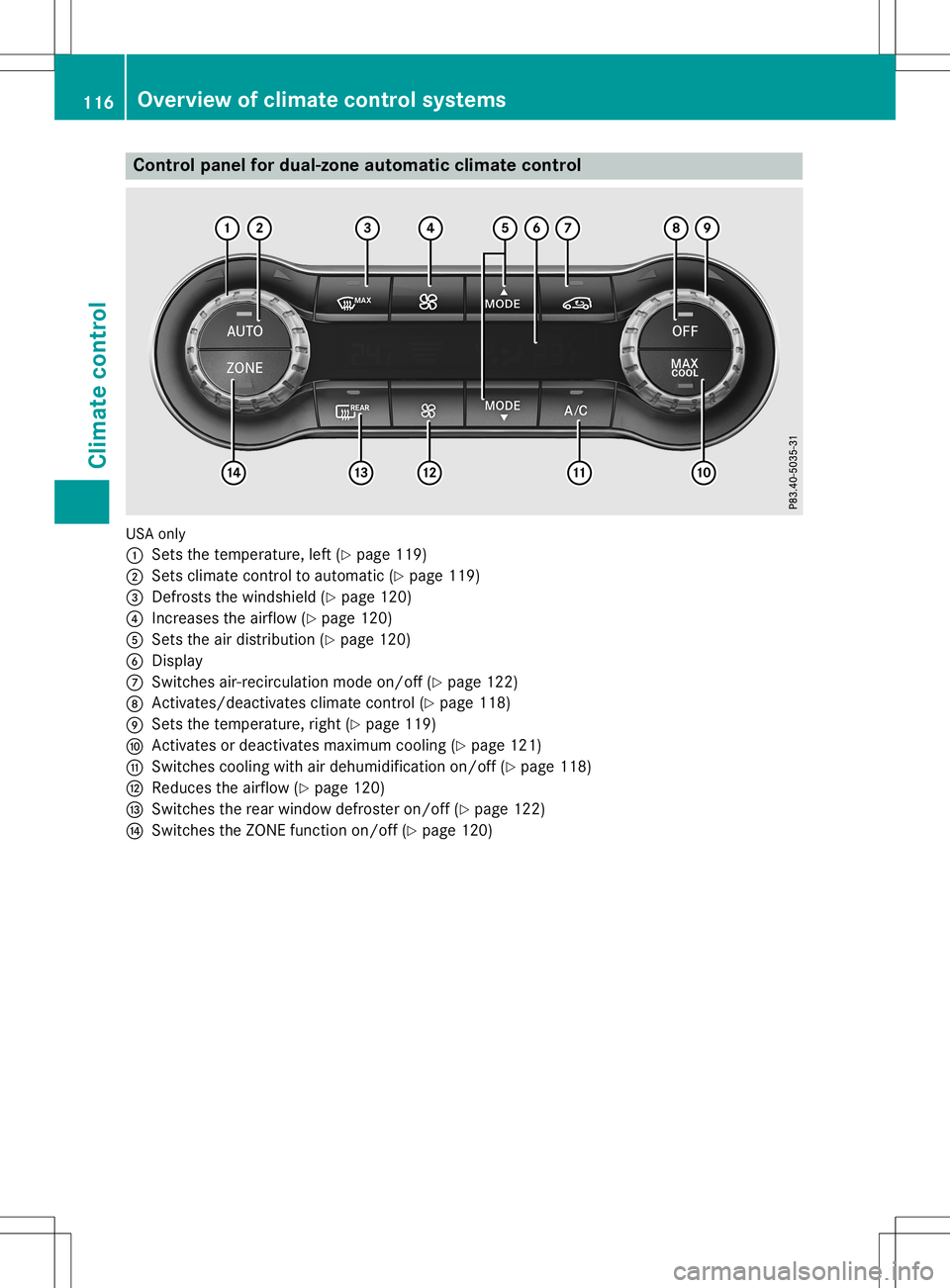MERCEDES-BENZ GLA SUV 2020 Owners Manual Cont
rolpanel fordual-zone autom atic clim atecont rol US
Aon ly
0043 Setsth ete mper ature,left (Ypage 119)
0044 Setsclim atecontrol to auto matic(Y page 119)
0087 Defrost sth ewind shield(Y page 120 MERCEDES-BENZ GLA SUV 2020 Owners Manual Cont
rolpanel fordual-zone autom atic clim atecont rol US
Aon ly
0043 Setsth ete mper ature,left (Ypage 119)
0044 Setsclim atecontrol to auto matic(Y page 119)
0087 Defrost sth ewind shield(Y page 120