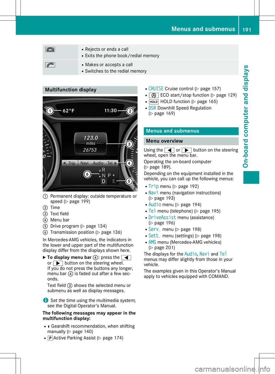 MERCEDES-BENZ GLA SUV 2020 Owners Manual 0076 R
Rej ects or ends acall
R Exits th ephon ebook /redial memory 0061 R
Mak esoracc eptsa call
R Swi tches tothered ialmem ory Mu
ltifu nct ion displa y 0043
Perman entdisp lay:outside tempe rature MERCEDES-BENZ GLA SUV 2020 Owners Manual 0076 R
Rej ects or ends acall
R Exits th ephon ebook /redial memory 0061 R
Mak esoracc eptsa call
R Swi tches tothered ialmem ory Mu
ltifu nct ion displa y 0043
Perman entdisp lay:outside tempe rature
