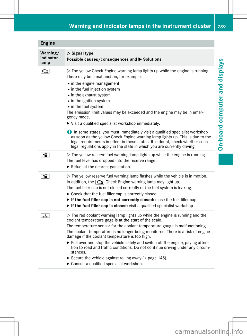 MERCEDES-BENZ GLA SUV 2020  Owners Manual Engine
Wa
rning/
ind icat or
lam p 00510051
Signa lty pe
Possi blecauses/cons equences and0050 0050
Solu tions 00B9
0051
The yellow CheckEn gin ewarn inglamp lightsup while theeng ineisrun ning.
Ther 