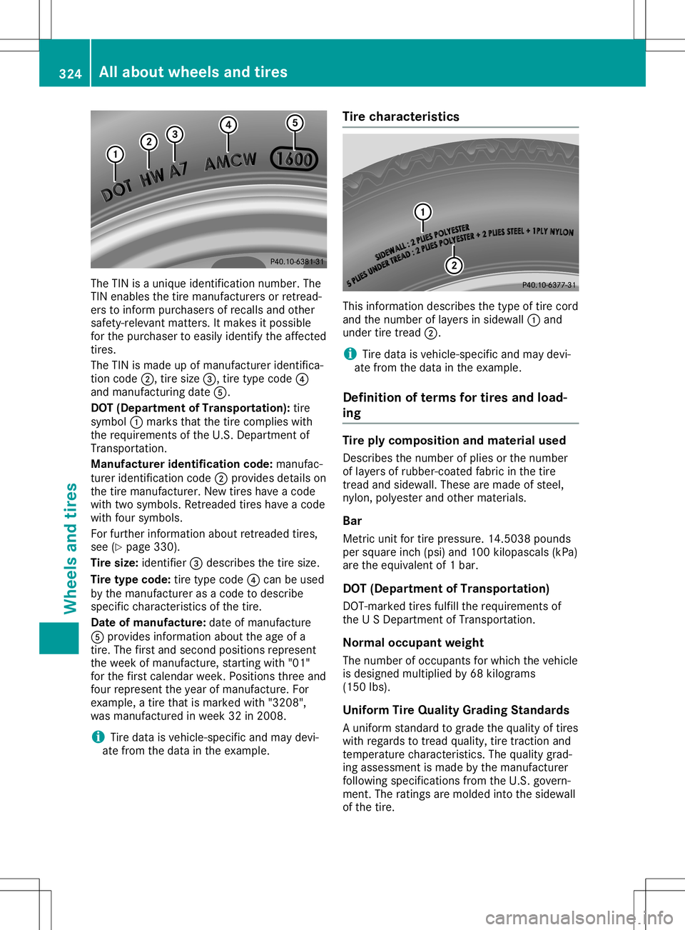 MERCEDES-BENZ GLA SUV 2020 Owners Manual The
TINisaunique identific ationnumber. The
TIN enables thetire manufact urersorretread-
ers toinform purchasers ofrecalls andother
safety-relevan tmatter s.Itmakes itpossible
for the purchaser toeasi MERCEDES-BENZ GLA SUV 2020 Owners Manual The
TINisaunique identific ationnumber. The
TIN enables thetire manufact urersorretread-
ers toinform purchasers ofrecalls andother
safety-relevan tmatter s.Itmakes itpossible
for the purchaser toeasi