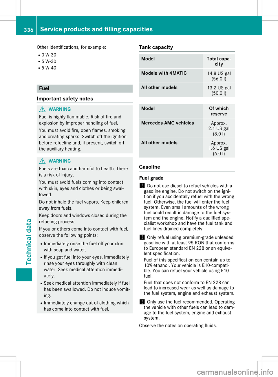 MERCEDES-BENZ GLA SUV 2020  Owners Manual Other
identifications, forexample:
R 0W-30
R 5W-30
R 5W-40 Fuel
Importa ntsafety notes G
WARNING
Fuel ishighly flammabl e.Risk offire and
explosion byimproper handlingoffuel.
You must avoid fire,open 