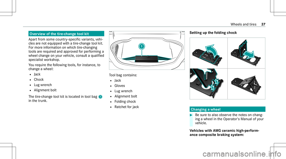 MERCEDES-BENZ C-CLASS CABRIOLET 2020  AMG Owners Guide Ov
ervie wof thetir e-c han getool kit
Apar tfr om some country- specif icvariant s,vehi‐
cles areno teq uipped withatir e-c hang eto ol kit.
Fo rmor einf ormation onwhi chtire-c hangi ng
to ols are